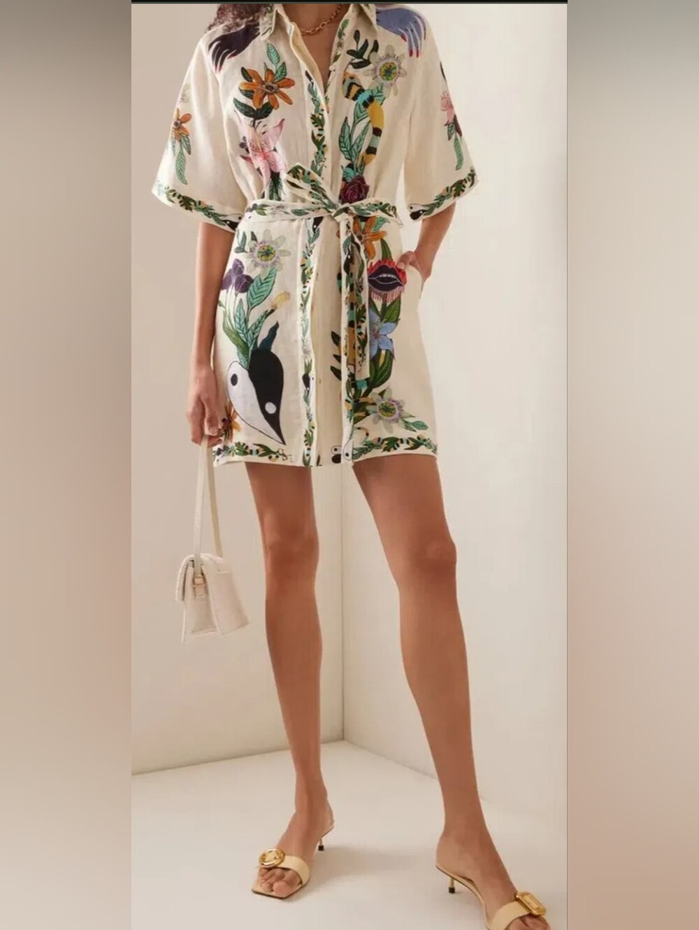 🌼B2G1🌼 Commense Cream Unique Print Tie-Waist Mini Dress
